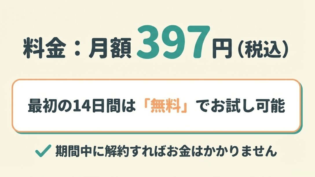 月額397円(税込)。最初の14日間は無料で、期間中に解約すれば料金は発生しない